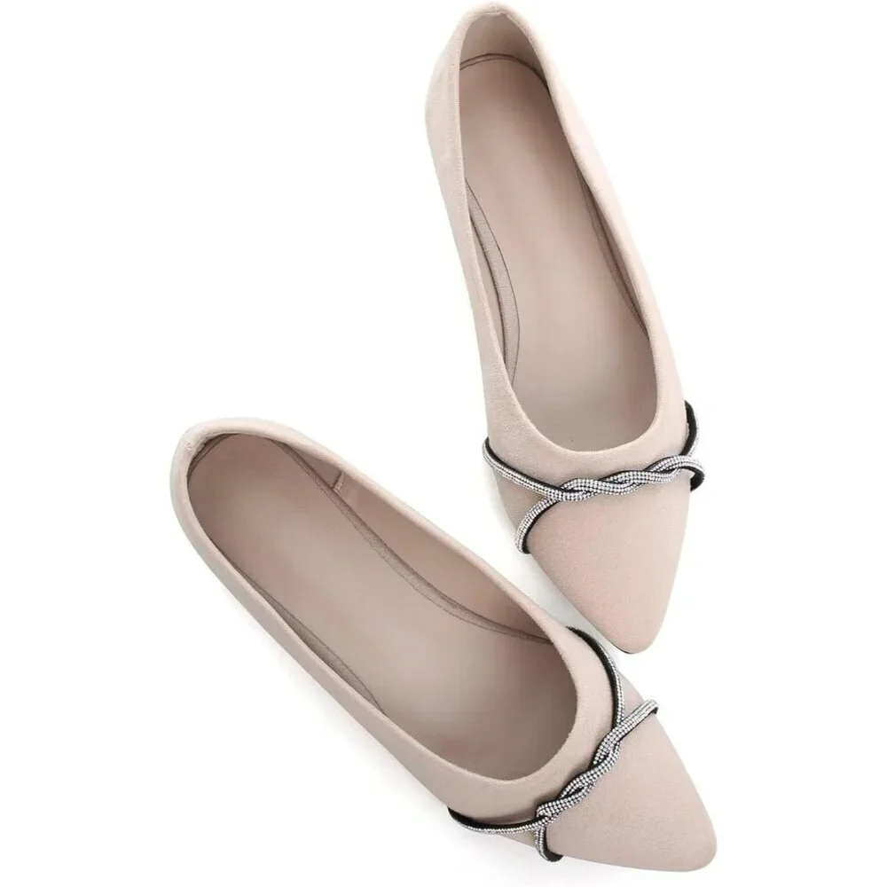 Women's Apricot Casual Flats Fashion Chain Pointed Toe Ballet Flat Rhinestone